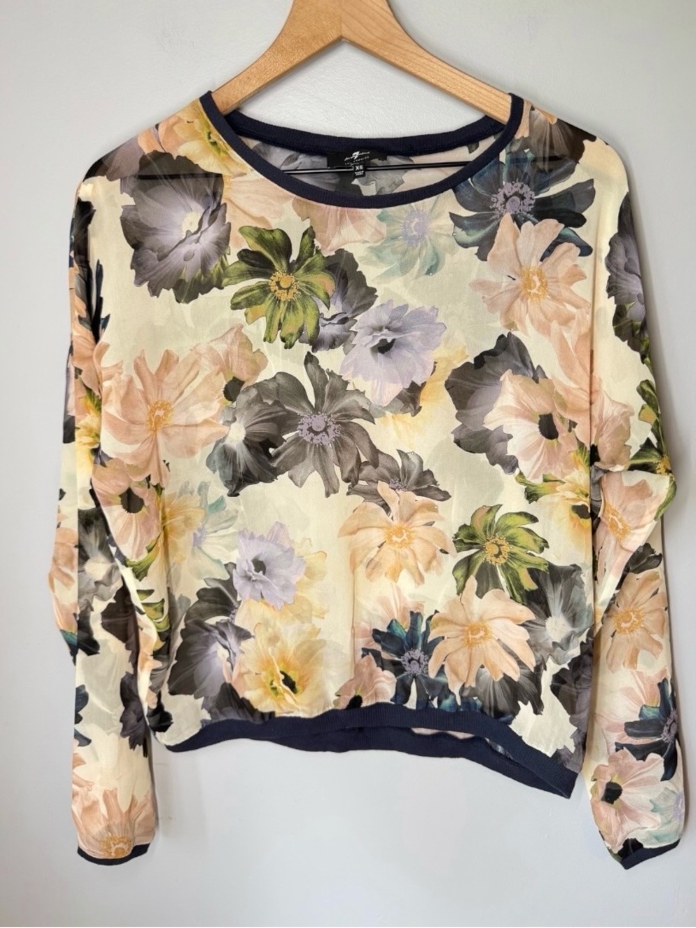 7 For All Mankind 100% Silk Chiffon Sheer Floral Cream Pullover Top Sz XS